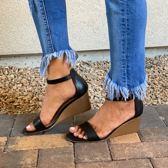 Black Summer Leather Kitten Heel Wedge Sandal - Picture 9 of 13